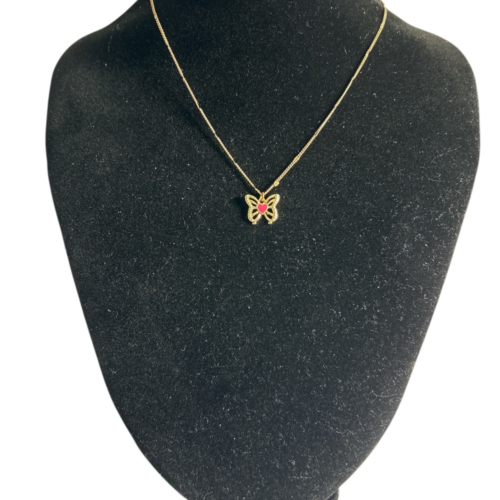 Tanya Creations Gold Tone Pink Heart Butterfly Charm Necklace